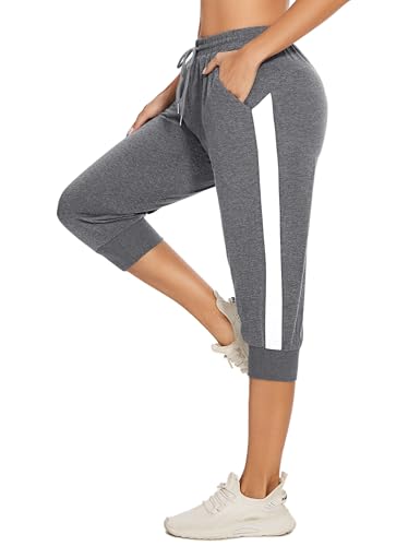 Jezonga Jogginghose Damen 3/4 Sporthose Baumwolle Trainingshose Sweathose Bündchen High Waist Sweathose Streifen Freizeit Capri Hose von Jezonga