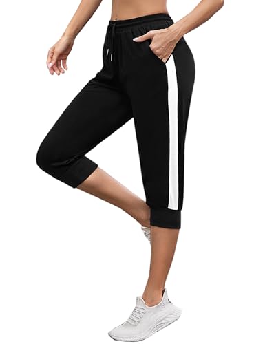 Jezonga Jogginghose Damen 3/4 Sporthose Baumwolle Trainingshose Sweathose Bündchen High Waist Sweathose Streifen Freizeit Capri Hose von Jezonga