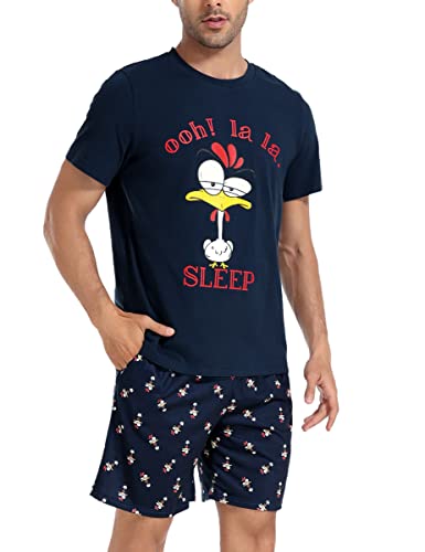 Jezonga Pyjama Herren Kurz Lustig Schlafanzug Baumwolle Shorty Nachtwäsche Zweiteilige Pyjamas mit Hahn Oberteil und Short für Männer,Blau,3XL von Jezonga