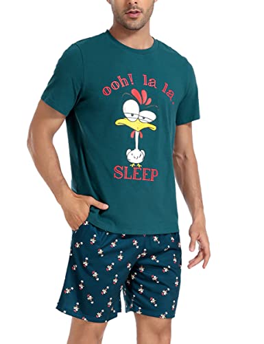 Jezonga Pyjama Herren Kurz Lustig Schlafanzug Baumwolle Shorty Nachtwäsche Zweiteilige Pyjamas mit Hahn Oberteil und Short für Männer,Türkis,3XL von Jezonga