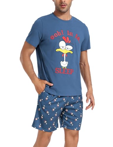 Jezonga Schlafanzug Herren Kurz Pyjama Lustig Baumwolle Shorty Nachtwäsche Zweiteilige Pyjamas mit Hahn T-Shirt und Schlafanzughose für Männer,Hellblau,M von Jezonga