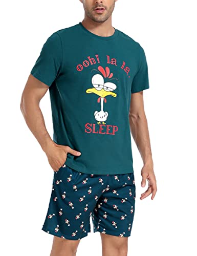 Jezonga Schlafanzug Herren Kurz Pyjama Lustig Baumwolle Shorty Nachtwäsche Zweiteilige Pyjamas mit Hahn T-Shirt und Schlafanzughose für Männer,Türkis,M von Jezonga