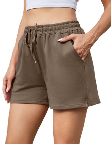 Jezonga Sporthose Damen Kurz Sport Shorts High Waist Sommer Shorts Lockere Kurze Sport Hosen mit Taschen Trainingshose Laufhose Jogginghose Frauen Khaki M von Jezonga