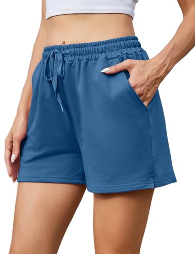 Jezonga Sporthose Damen Kurz Sport Shorts High Waist Sommer Sportshorts Lockere Kurze Sport Hosen mit Taschen Trainingshose Laufhose Jogginghose Frauen Blau L von Jezonga