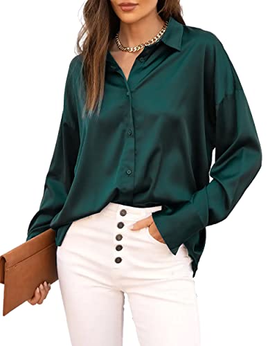 Jhsnjnr Damen Button Down Shirt Langarm Tops Casual Lose Büro Seide Satin Blusen, grün, Large von Jhsnjnr