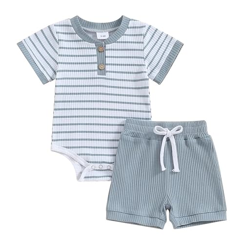 JiAmy Baby Jungen Kleidung Sommer Zweiteiler Outfit Kurzarm Gestreift Body Strampler + Shorts Set Neugeborene Weiche Baumwolle Babykleidung für Jungen 6-9 Monate Blau JiAmy Baby Jungen Kleidung Sommer Zweiteiler Outfit Kurzarm Gestreift Body Strampler + Shorts Set Neugeborene Weiche Baumwolle Babykleidung für Jungen 6-9 Monate Blau von JiAmy