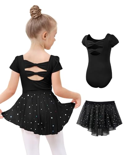 JiAmy Ballettkleidung Mädchen, Ballettkleid Mädchen Ballettanzug, Baumwolle Kurzarm Balletttrikot Turnanzug Tanzbody + Chiffon Wickelrock Tütü Rock Tanzkleid 2tlg für Kinder 3-11Jahre von JiAmy