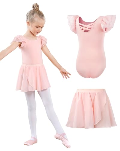 JiAmy Ballettkleidung Mädchen, Ballettkleid Mädchen Ballettanzug, Baumwolle Kurzarm Balletttrikot Turnanzug Tanzbody + Chiffon Wickelrock Tütü Rock Tanzkleid 2tlg für Kinder 3-11Jahre von JiAmy