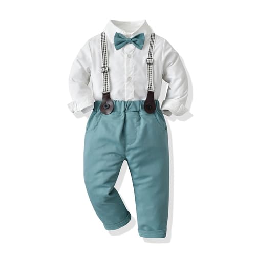 JiAmy Kinder Jungen Bekleidungssets 2tlg, Baby Jungen Gentleman Anzüge Langarm Hemd mit Bowtie + Hosenträger Hosen Gentleman Outfit Set 3-4 Jahre, Hellgrün von JiAmy