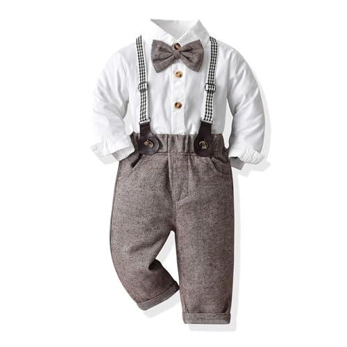 JiAmy Kinder Jungen Gentleman Anzüge 2tlg, Baby Jungen Bekleidungssets Langarm Hemd mit Bowtie + Hosenträger Hosen Gentleman Outfit Set 18-24 Monate, Khaki von JiAmy