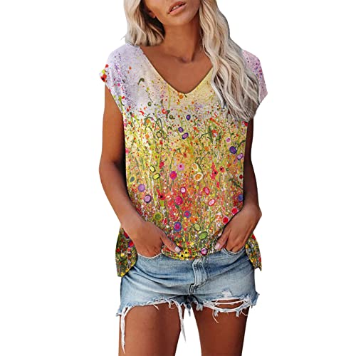 Damen Kurzarm T-Shirt Mode Motiv Shirt Sommer Oberteile Casual V-Ausschnitte Blickdicht Tshirt Tunika Kurzen Ärmeln Hemd Bluse von Jiabing