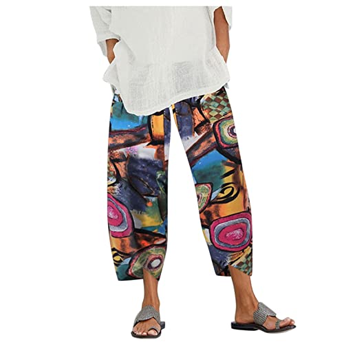 Jiabing Leinenhose Damen Sommer Boho Strandhose 7/8 Lang Freizeithose Baumwolle Leinen Pusteblumen Druck Sommerhose Capri Elastisch Gummibund Hose Große Größen Haremshose Yogahose von Jiabing