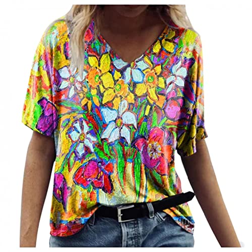 Jiabing Vintage Druck Damen T-Shirt Kurzarm Oberteile Blumen Motiv Sommershirts Oversize V-Ausschnitte Lose Tunika Shirt Bunte Blumenmuster Tops Oversize Lose Tshirt Bluse Tops von Jiabing