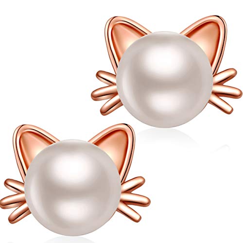 Katze Ohrringe Silber 925 Damen Katzen Ohrstecker Perlen Ohrringe Roségold Silber 925er Katze mit Perle Süßwasserperle Ohrringe Silber fur Kinder Mädchen von Jiahanzb