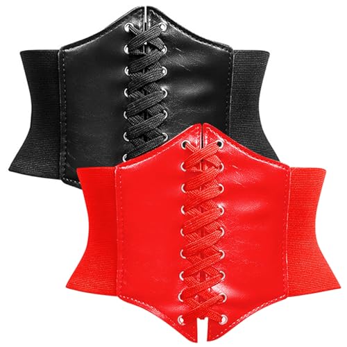 Jicyor 2 Stück Damen Korsett Gürtel, Korsett Damen Schwarz, Corset Belt, Elastischen Breiten Band Schnürkorsett, Lace-up Leder Korsett Taillenformer für Damen (Schwarz und Rot von Jicyor