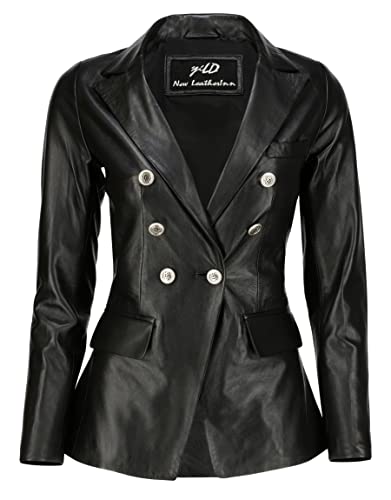 Jild Zweireihiger Blazer aus Lammfell mit Knöpfen für Damen, Kim Kardashian, langärmelig, Mantel-Stil, Lederjacke für Damen, Schwarz, XL Jild Zweireihiger Blazer aus Lammfell mit Knöpfen für Damen, Kim Kardashian, langärmelig, Mantel-Stil, Lederjacke für Damen, Schwarz, XL von Jild