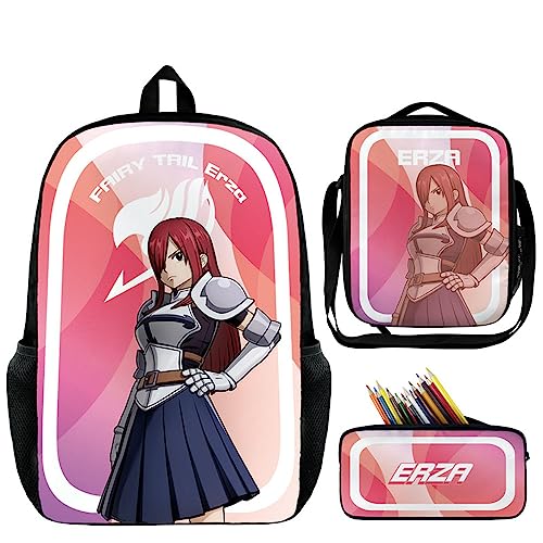 Jilijia Anime Fairy Tail Rucksack 3-teiliges Schulranzen-Set Anime Bedruckter Mode Rucksack Umhängetasche Federmäppchen für Schüler Kinder Teenager, Erza Scarlet, 45×33×14 cm, Schulranzen-Set von Jilijia