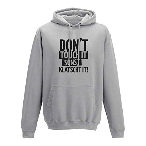 Jimmys Textilfactory Hoodie Don't Touch it sonst klatscht it! Spruch Witzig 13 Farben Herren XS-5XL Fun-Shirt lustig Party feiern Abschlussfahrt, Größe:3XL, Farbe:grau - Logo schwarz von Jimmys Textilfactory