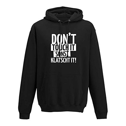 Jimmys Textilfactory Hoodie Don't Touch it sonst klatscht it! Spruch Witzig 13 Farben Herren XS-5XL Fun-Shirt lustig Party feiern Abschlussfahrt, Größe:4XL, Farbe:schwarz - Logo Weiss von Jimmys Textilfactory