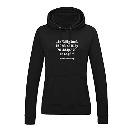 Jimmys Textilfactory Hoodie Intelligence Leetspeak Stephen Hawking Fun-Shirt 12 Farben Damen XS-2XL Chat 1337 Zitat Meme lustige Sprüche Geschenk, Größe:M, Farbe:schwarz - Logo Weiss von Jimmys Textilfactory