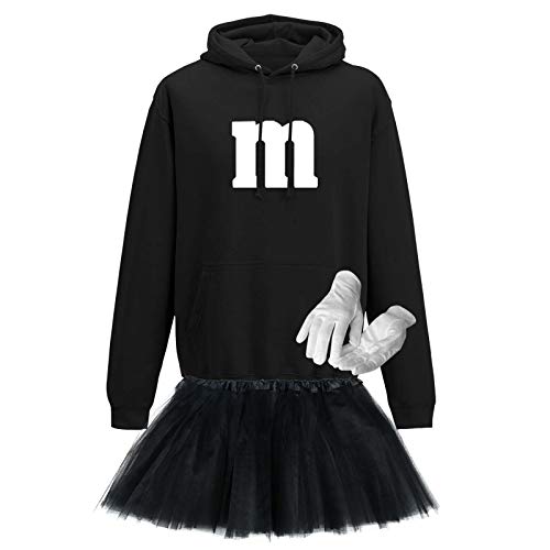 Hoodie M&M + Tüllrock Karneval Gruppenkostüm Schokolinse 10 Farben Herren XS-5XL Mundm Fans Fasching Verkleidung Rosenmontag, Größe:5XL, Farbe:schwarz - Logo weiss (+Handschuhe weiss/Tütü schwarz) von Jimmys Textilfactory