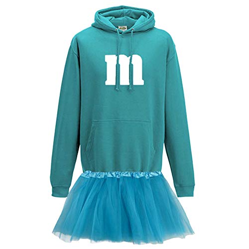 Jimmys Textilfactory Hoodie M&M Karneval Kostüm Set mit Tütü XS-5XL Herren Verkleidung Tütü Gruppenkostüm Partner Familie Fasching, Größe:XL, Farbauswahl:türkis - Logo Weiss (+Tütü türkis) von Jimmys Textilfactory