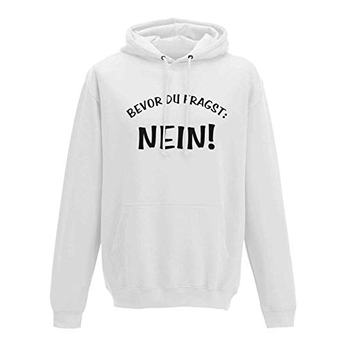 Jimmys Textilfactory Hoodie Spruch Bevor Du fragst Nein! Fun Witz Spaß Joke 10 Farben Herren XS - 5XL lustige Sprüche Funny Statement witzig Party feiern, Größe:2XL, Farbe:Weiss - Logo schwarz von Jimmys Textilfactory