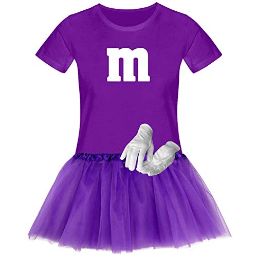 T-Shirt M&M + Tüllrock Karneval Gruppenkostüm Schokolinse 11 Farben Damen XS-3XL Fasching Verkleidung M's Fans Tanzgruppe, Gr.:L, Farbauswahl:lila - Logo Weiss (+Handschuhe Weiss/Tütü lila) von Jimmys Textilfactory