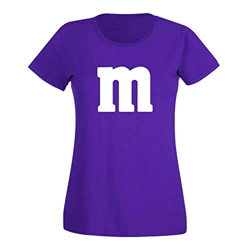 T-Shirt M&M Schoko-Linse Gruppenkostüm Karneval Fasching 15 Farben Damen XS-3XL M's Fans Ms Krümelmonster Darts Tanzgruppe Mottoparty, Größenauswahl:XS, Farbe:lila/Purple - Logo Weiss von Jimmys Textilfactory