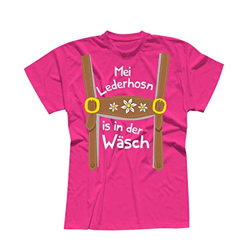 T-Shirt Oktoberfest Lederhose Kostüm Volksfest Tracht 13 Farben Herren XS-5XL München Wiesn Festzelt O'zapft Maß Krug Dirndel, Größe:L, Farbe:pink - Logo Weiss von Jimmys Textilfactory