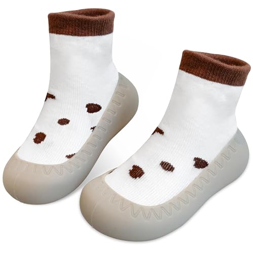 JinBei Baby Sockenschuhe Krabbelsocken Mädchen Gummisohle Barfußschuhe Lauflernschuhe Junge Rutschfeste Weiß Weicher Cartoon Socken Schuhe Unisex Kleinkind 6-12 Monate von JinBei