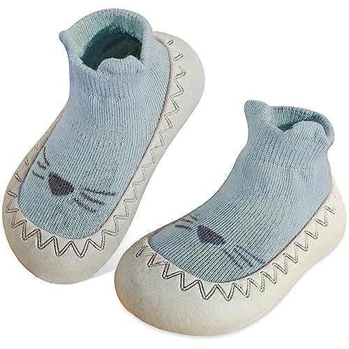 JinBei Baby Sockenschuhe rutschfeste Babybodenschuhe Gummisohle Draußen Lauflernschuhe Süße Kleinkind Weicher Sohle Hüttenschuhe Antirutsch Blau Stopper Krabbelschuhe für Jungen Mädchen,12-18 Monate von JinBei