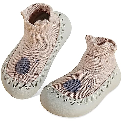 JinBei Baby Sockenschuhe Rutschfeste Babybodenschuhe Gummisohle Draußen Lauflernschuhe Süße Kleinkind Weicher Sohle Hüttenschuhe Antirutsch Braun Stopper Krabbelschuhe für Jungen Mädchen,12-18 Monate von JinBei