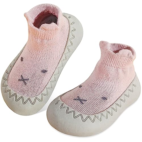 JinBei Baby Sockenschuhe rutschfeste Babybodenschuhe Gummisohle Draußen Lauflernschuhe Süße Kleinkind Weicher Sohle Hüttenschuhe Antirutsch Rosa Stopper Krabbelschuhe für Jungen Mädchen,12-18 Monate von JinBei