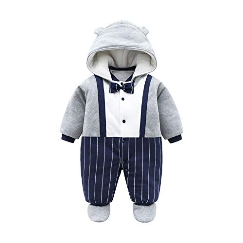 JinBei Baby Strampler Winter Dinosaurier Neugeborenes Jungen Blau Grau Gestreift Krawatte Langarm Schlafanzug Baumwolle Overalls Säugling Spielanzug Kapuze Footies 6-9 Monate von JinBei