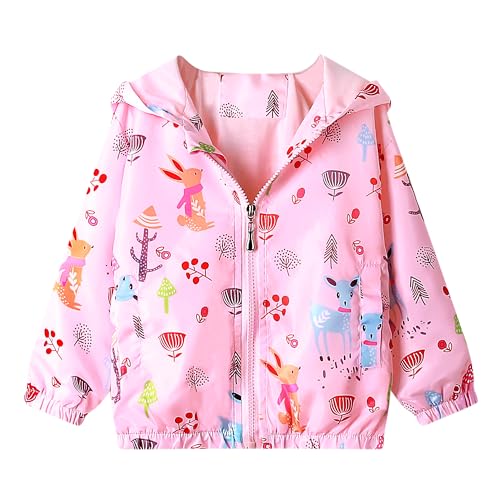 JinBei Jacken Mädchen Mantel Jacke Kinder Kapuzen Sweatjacke Kapuzenjacke Rosa Elch Cartoons Blatt Winddicht Windjacke Übergangsjack Frühling Herbst Outwear Softshelljacke 2-3 Jahre von JinBei