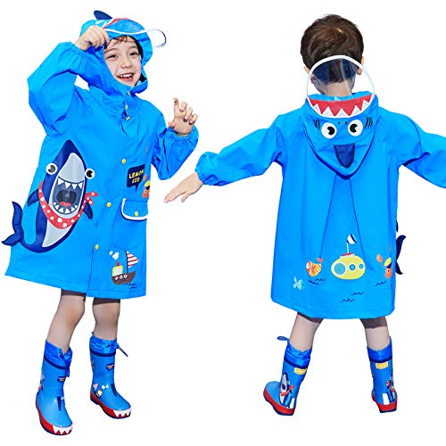 JinBei Junge Regenmantel Regenjacke Kinder 3D Blau Hai Regen Leicht Slicker Cute Regenponcho Regencape Jungs Matschanzug Regenanzug Cartoon Regenbekleidung Reflektierender Streifen Geschenk 4-6 Jahre von JinBei