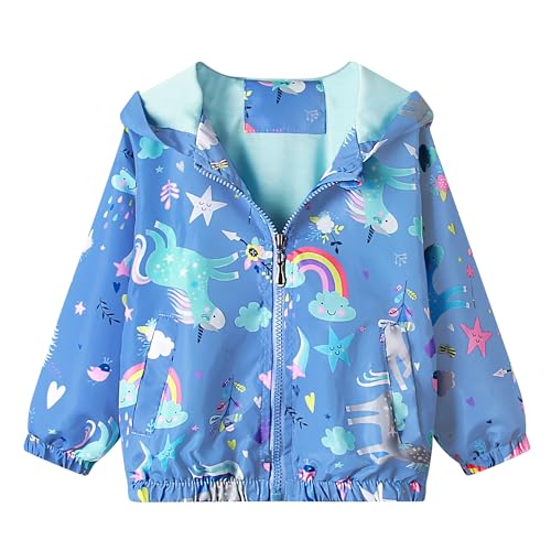 JinBei Kinder Jacken Mädchen Jacke Kapuzen Sweatjacke Kapuzenjacke Einhorn Blau Pferd Regenbogen Winddicht Mantel Windjacke Übergangsjack Frühling Herbst Outwear Softshelljacke 5-6 Jahre von JinBei