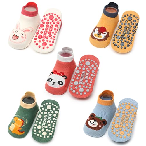 JinBei Kinder Stoppersocken Baumwolle Rutschfeste 5 Paar Hausschuhsocken ABS Antirutschsocken Weiche Sport Socken Bodensocken für 3-5 Jahre Jungen Mädchen, Gr.20-26 von JinBei