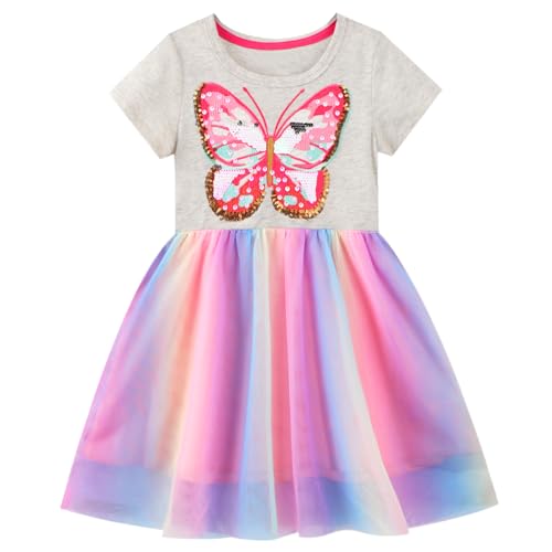 JinBei Kleid für Mädchen Einhorn Kleider Kinder Regenbogen Tüll Pailletten Grau Baumwolle Kurzarm Partykleid T-Shirt Tutu Hochzeit Sommerkleid Alter 3-4 Jahre, Schmetterling Muster von JinBei