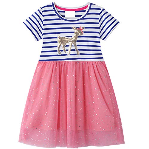 JinBei Kleider für Baby Mädchen Pailletten Einhorn Tüll Rosa Kleid Kinder Blau Streifen Baumwolle Kurzarm Sommer Cartoon Pferd T-Shirt Kleid Alter 2-3 Jahre von JinBei