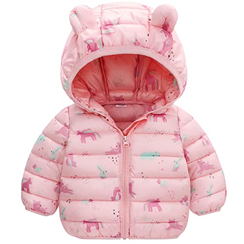 JinBei Mantel für Baby Mädchen, Kinder Winterjacke mit Kapuze Warme Einhorn Rosa Kapuzenjacke, Ultraleicht Gepolstert Herbst Steppjacke Oberbekleidung Wintemantel Alter 1-2 Jahre von JinBei