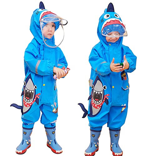 JinBei Matschanzug Baby Jungen Regenanzug Kinder Regenjacke Regenmantel mit Kapuze Tasche Regenkleidung Overall Wasserdicht Atmungsaktiv Leicht Matschanzug 1-2 Jahre, Blau 3D Hai Muster von JinBei