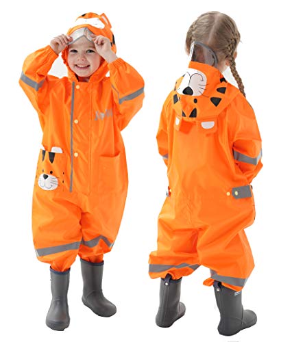 JinBei Regenmantel Kinder mit Kapuze Regenjacken Mädchen Overall Orange Tiger Regenanzug Atmungsaktiv Matschanzug Leicht Regenfestes Regencape Regenkleidung Mit Reflektierenden Streifen 3-4 Jahre von JinBei