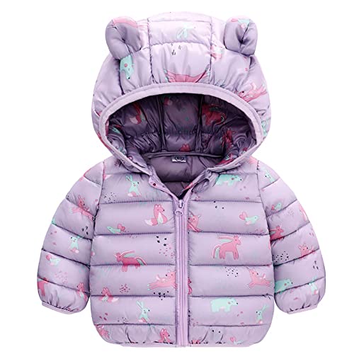 JinBei Winterjacke für Baby Mädchen, Kinder Mantel mit Kapuze Warme Einhorn Lila Kapuzenjacke, Kleinkind Ultraleicht Gepolstert Herbst Steppjacke Oberbekleidung Wintemantel Alter 1-2 Jahre von JinBei