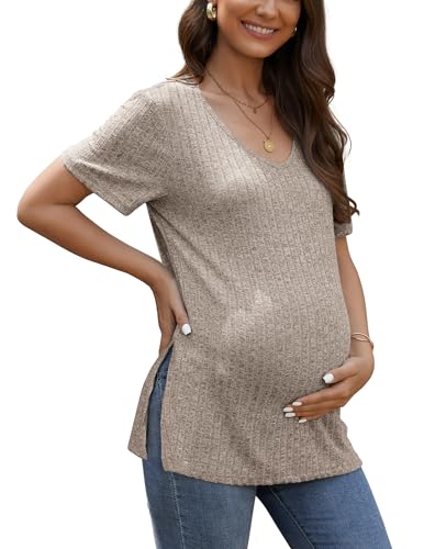 JiniGolla Damen Umstands-T-Shirt, gerippt, gestrickt, Schwangerschafts-Top, seitlicher Schlitz, lässig, Umstandsbluse, Khaki, Groß von JiniGolla