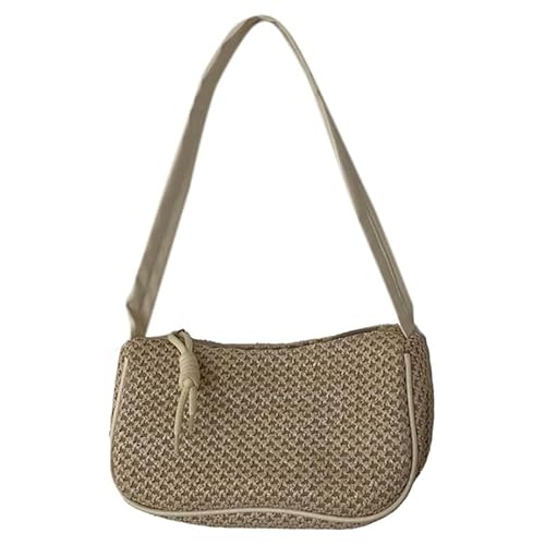 Jiqoe Damen-Umhängetasche, modisch, Achseltasche, Rattan, gewebte Schultertasche, Reißverschluss, Unterarmtasche, Tragetasche, Geldbörse, beige von Jiqoe