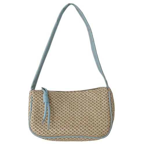 Jiqoe Damen-Umhängetasche, modisch, Achseltasche, Rattan, gewebte Schultertasche, Reißverschluss, Unterarmtasche, Tragetasche, Geldbörse, blau von Jiqoe