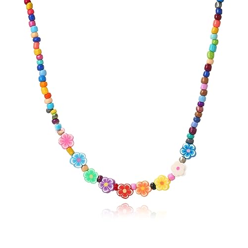 Jiqoe Handgefertigter Regenbogen-Choker, süße bunte Perlen-Halskette, niedliches Schlüsselbein-Kette, Party-Schmuck, Reisperlen-Halskette, Reisperlen + Legierung von Jiqoe