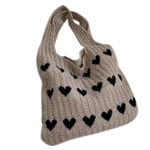 Jiqoe Modische Handtasche, lässige Taschen, Tragetasche, Schultertasche für Damen und Mädchen, vielseitige gestrickte Herztaschen, große Kapazität, Häkeltasche, khaki von Jiqoe